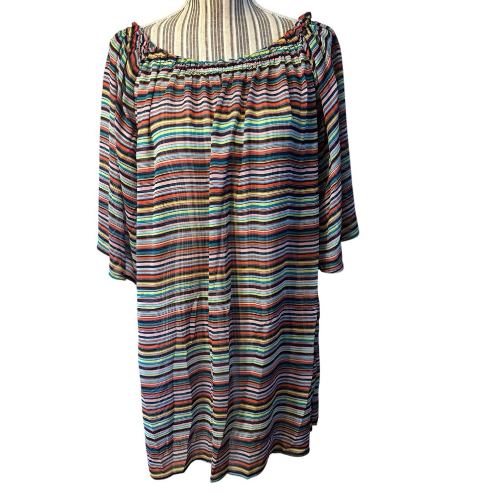 Ellen Tracy Swim Coverup Medium Colorful Striped Off-Shoulder Dress Semi-Sheer